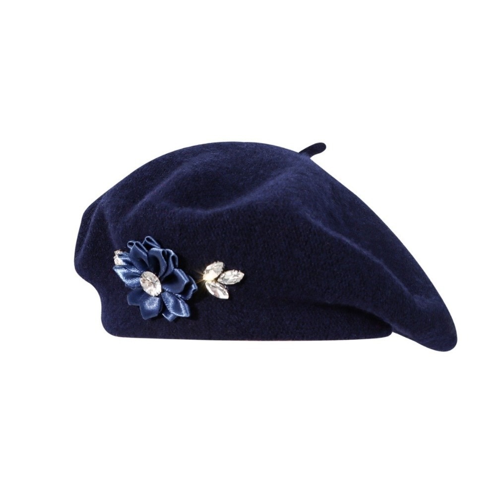 Beret French Wool - Słodki, jednokolorowy wełniany beret z kryształkami,
